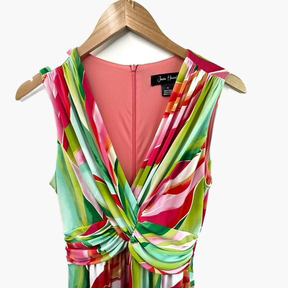 Jessica Howard Maxi Dress Sz 6 Green Pink Tropical Floral Front Knot V-Neck - Picture 7 of 11